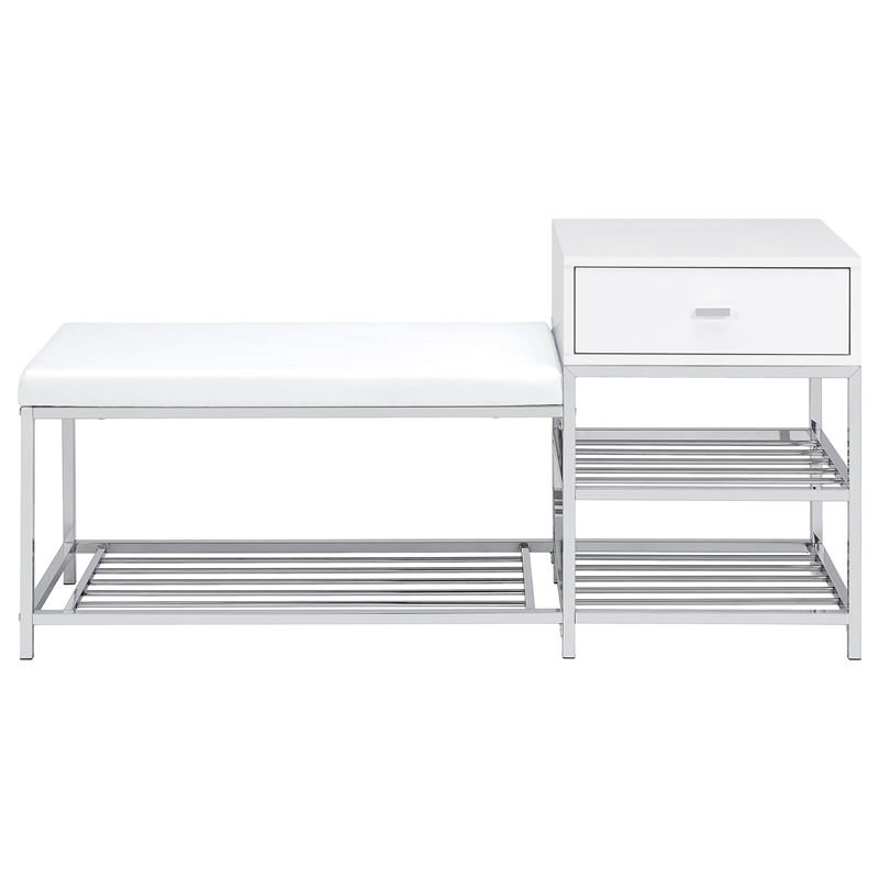 Pemberly Row 1-Drawer Shoe Storage Bench in White High Gloss and Chrome