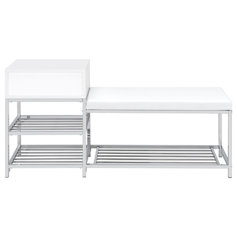 Pemberly Row 1-Drawer Shoe Storage Bench in White High Gloss and Chrome