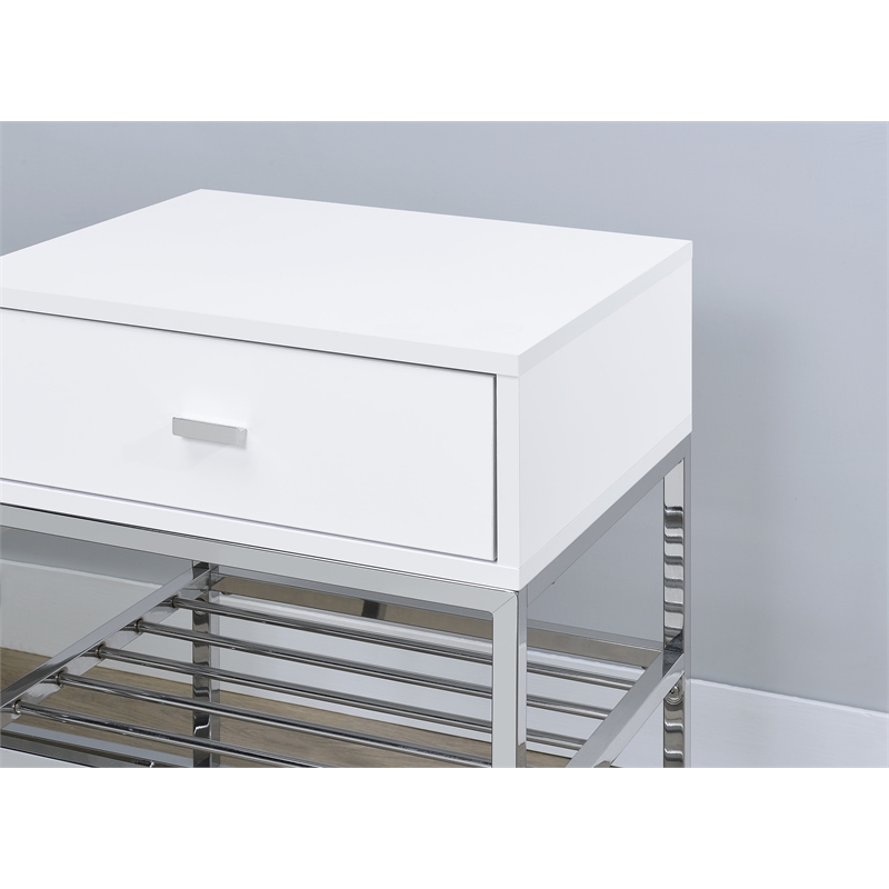 Pemberly Row 1-Drawer Shoe Storage Bench in White High Gloss and Chrome