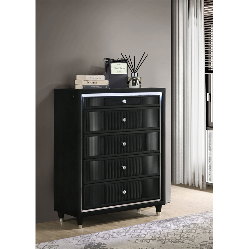 Pemberly Row 5-Drawer Velvet Upholstered LED Chest of Drawers in Black