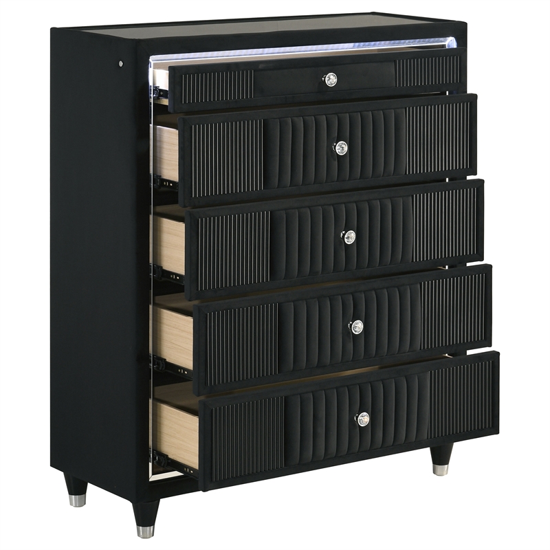 Pemberly Row 5-Drawer Velvet Upholstered LED Chest of Drawers in Black
