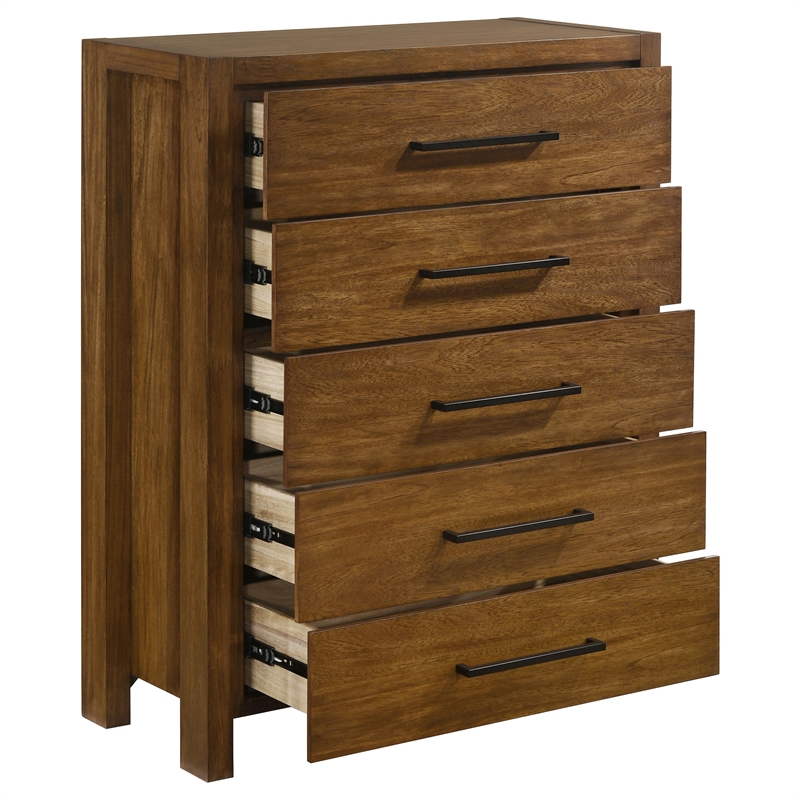 Pemberly Row 5-Drawer Transitional Wood Chest of Drawers in Warm Brown