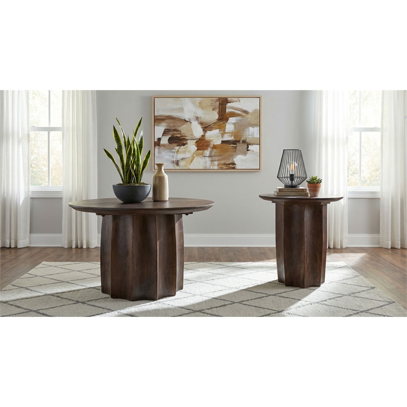 Pemberly Row 2-Piece Round Mango Wood Coffee Table Set in Walnut