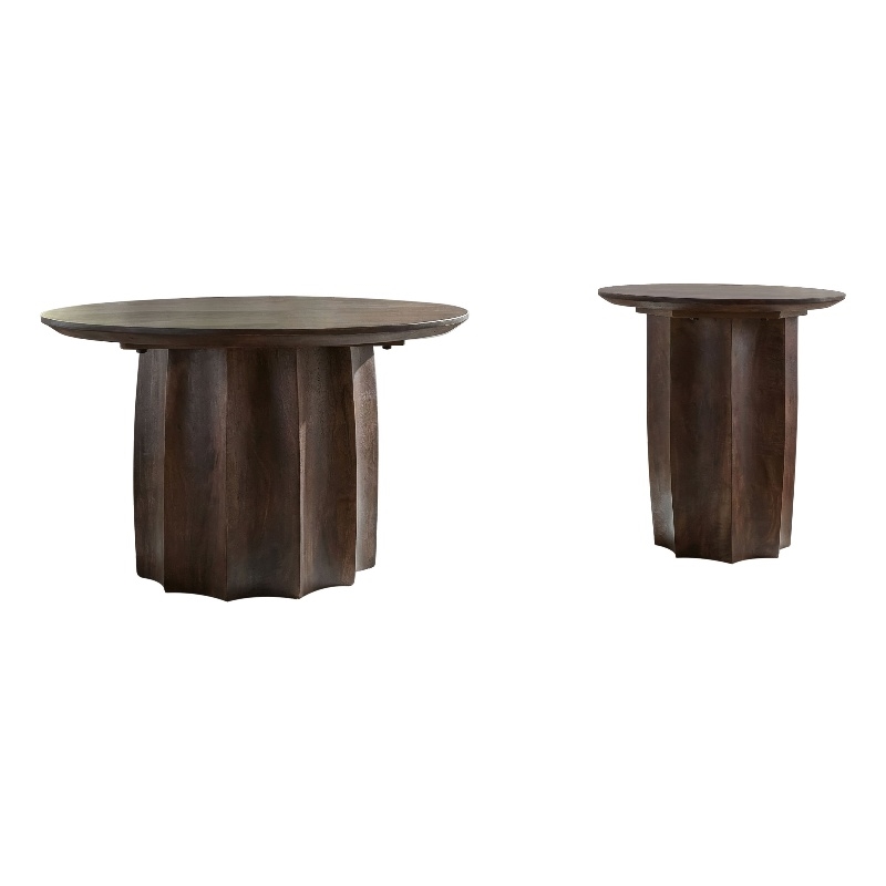 Pemberly Row 2-Piece Round Mango Wood Coffee Table Set in Walnut