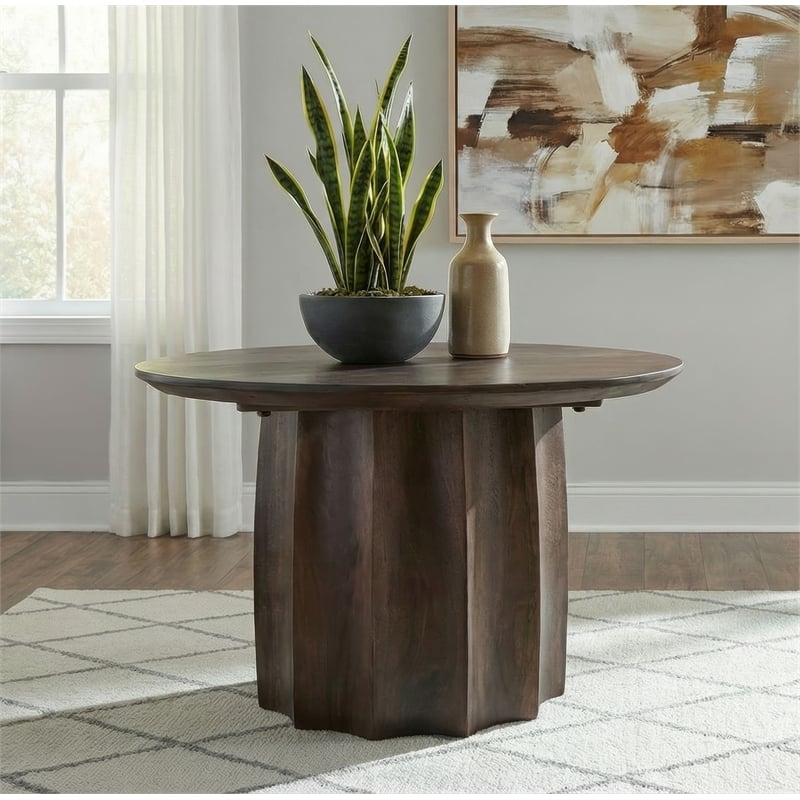 Pemberly Row Transitional Round Mango Wood Cocktail Coffee Table in Walnut