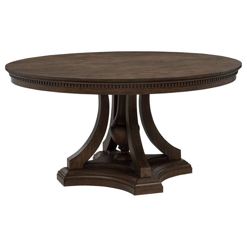Pemberly Row 5-Piece Round Wood Pedestal Dining Set in Dark Oak/Beige