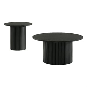 Pemberly Row 2-Piece Round Wood Fluted Coffee and End Table Set in Black