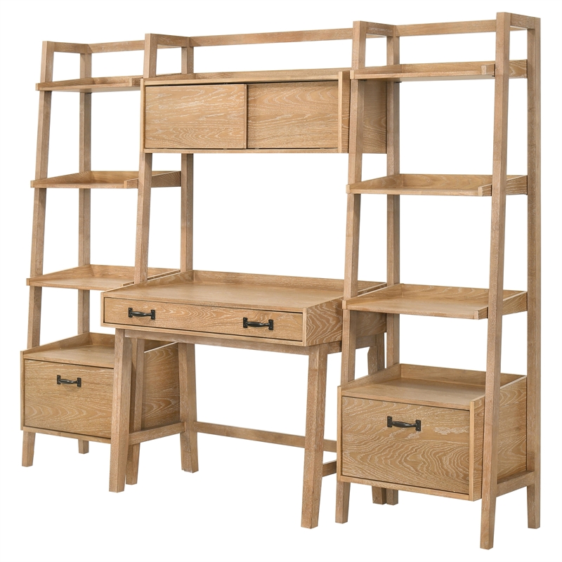 Pemberly Row 4-Piece Wood Desk and Bookshelf Set in Distressed Light Brown