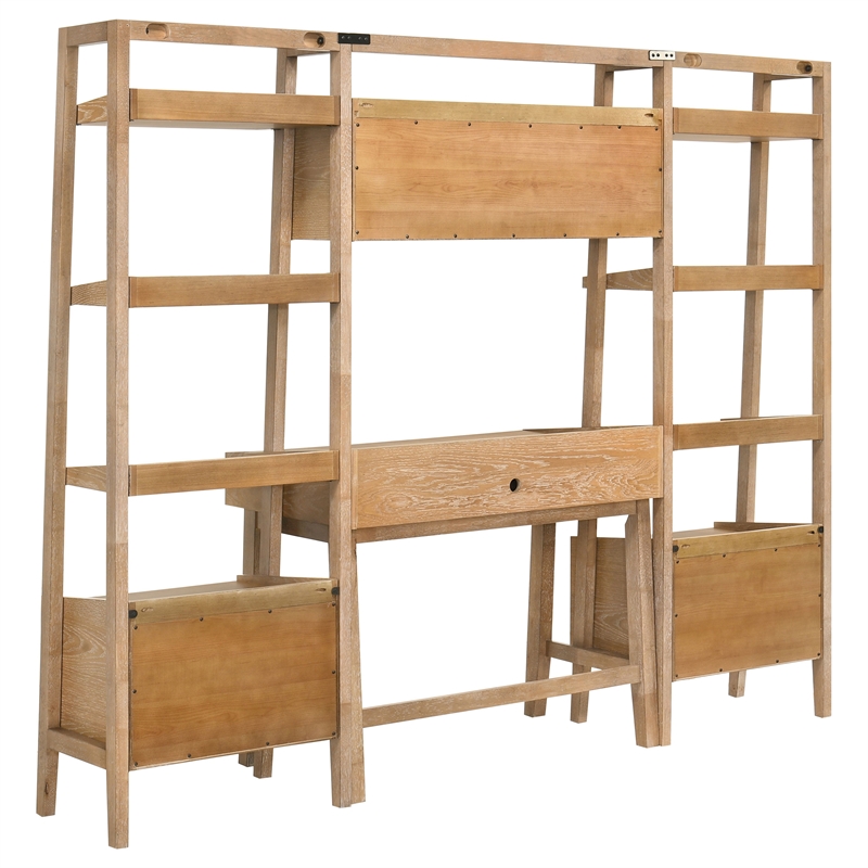 Pemberly Row 4-Piece Wood Desk and Bookshelf Set in Distressed Light Brown