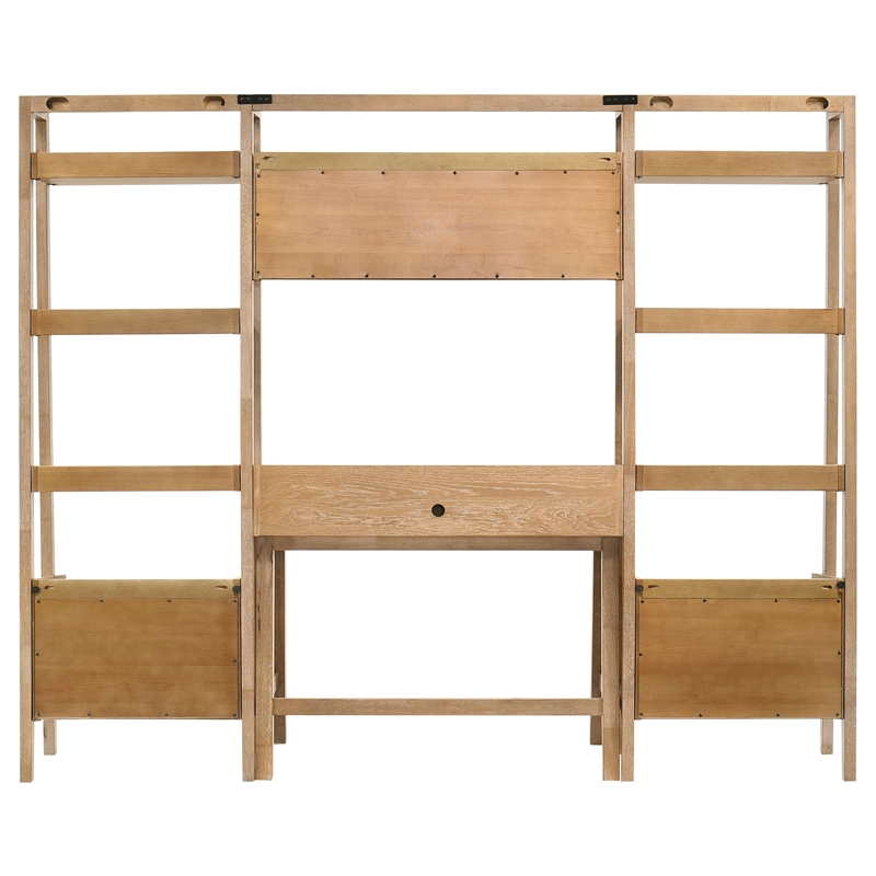 Pemberly Row 4-Piece Wood Desk and Bookshelf Set in Distressed Light Brown