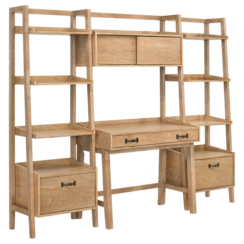 Pemberly Row 4-Piece Wood Desk and Bookshelf Set in Distressed Light Brown