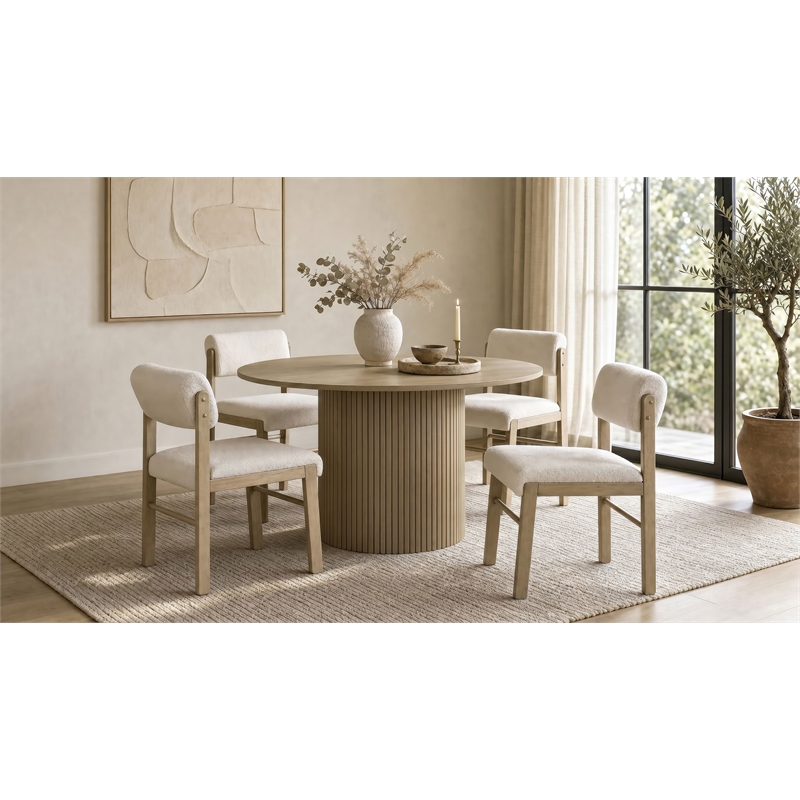 Pemberly Row 5-Piece Round Wood and Fabric Dining Set in Cream/Natural Oak