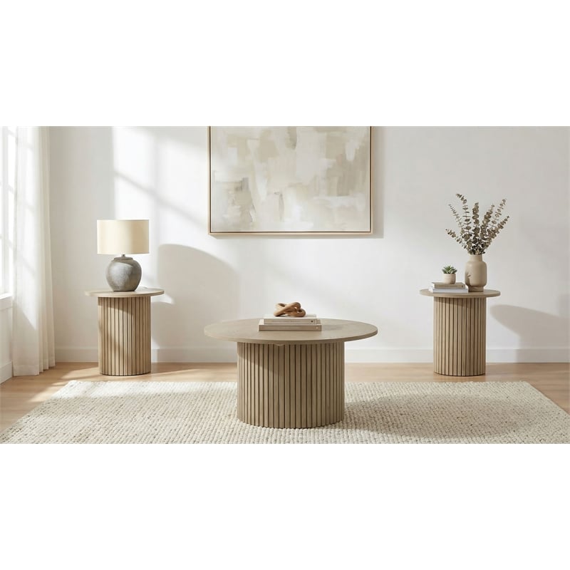 Pemberly Row 3-Piece Round Fluted Coffee and End Table Set in Natural Oak