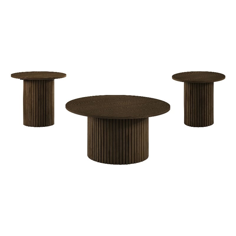 Pemberly Row 3-Piece Round Wood Fluted Coffee and End Table Set in Walnut