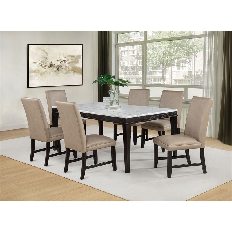 Pemberly Row 7-Piece Wood and Faux Leather Dining Set in Tan/Coffee Bean