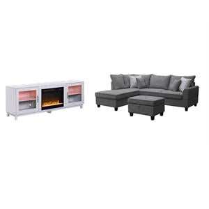 Pemberly Row 3Pc Set of Sectional Sofa with Ottoman and TV Stand with Fireplace