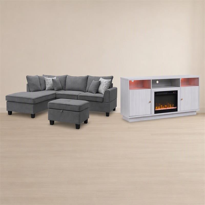 Pemberly Row 3Pc Set of Fireplace TV Console & Sectional Sofa with Ottoman
