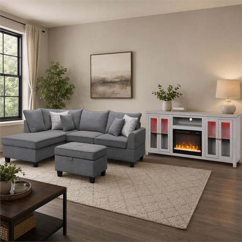 Pemberly Row 3Pc Set of Fireplace TV Console and Sectional Sofa with Ottoman