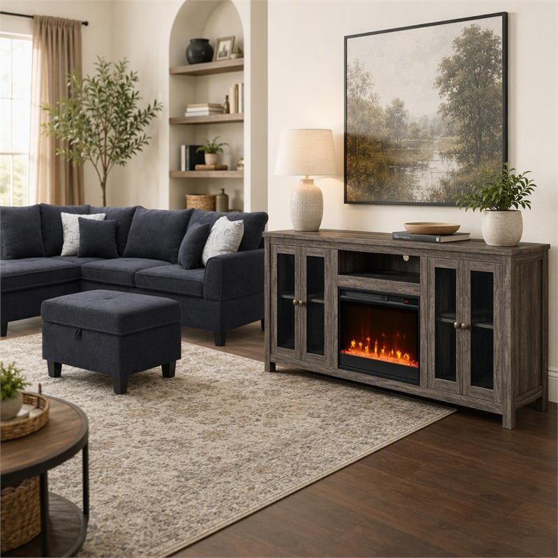 Pemberly Row 3Pc Set of Fireplace TV Console and Sectional Sofa with Ottoman