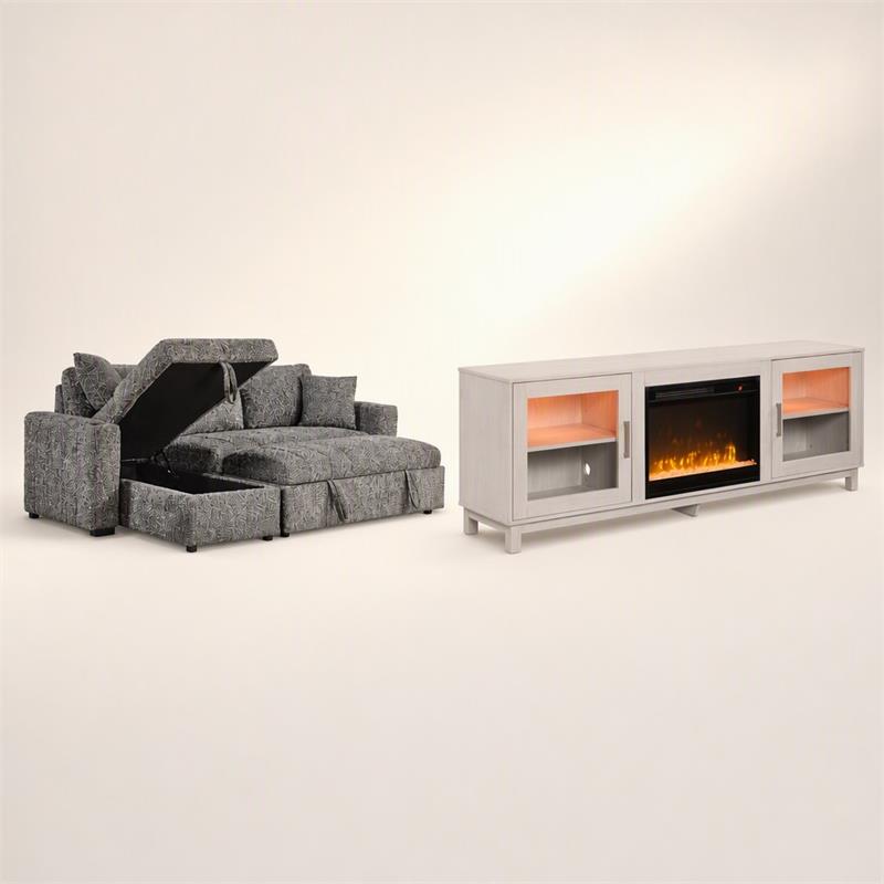 Pemberly Row 2-Piece Set of Sleeper Sectional Sofa & TV Stand with Fireplace