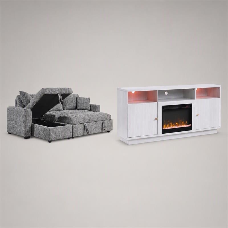 Pemberly Row 2-Piece Set of Sleeper Sectional Sofa & TV Stand with Fireplace