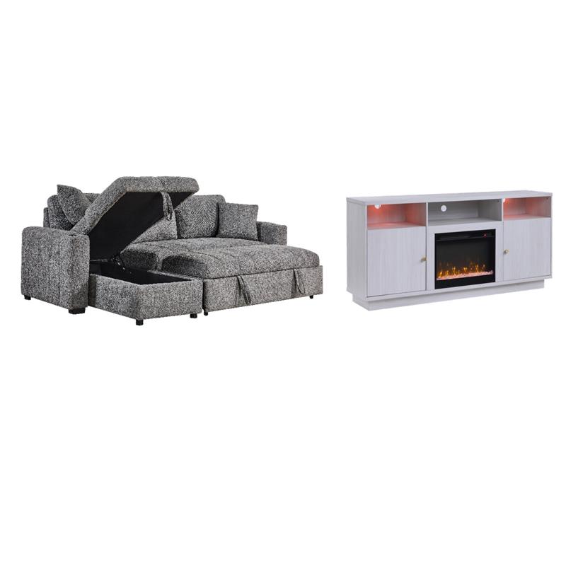 Pemberly Row 2-Piece Set of Sleeper Sectional Sofa & TV Stand with Fireplace
