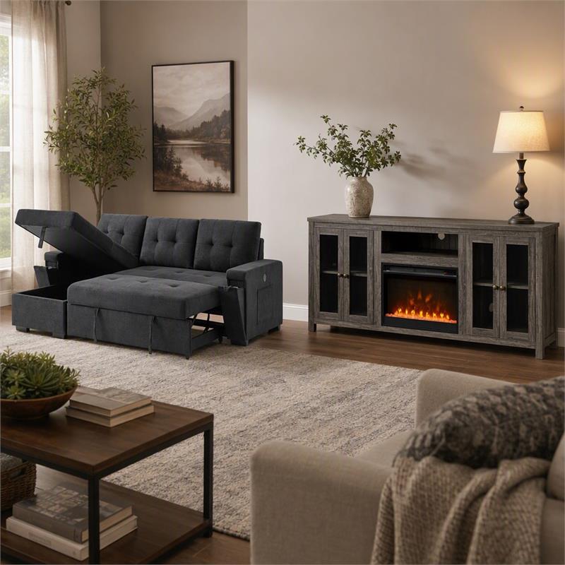 Pemberly Row 2-Piece Set of Sleeper Sectional Sofa & TV Stand with Fireplace