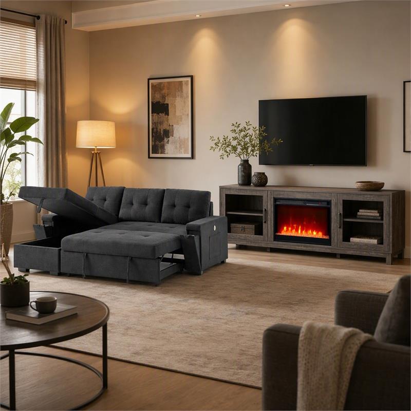 Pemberly Row 2-Piece Set of Sleeper Sectional Sofa & TV Stand with Fireplace