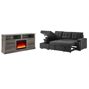 Pemberly Row 2-Piece Set of Sleeper Sectional Sofa & TV Stand with Fireplace