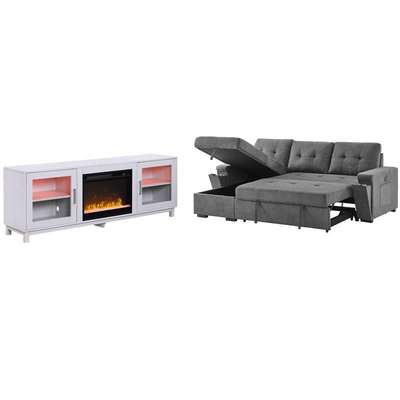 Pemberly Row 2-Piece Set of Sleeper Sectional Sofa & TV Stand with Fireplace