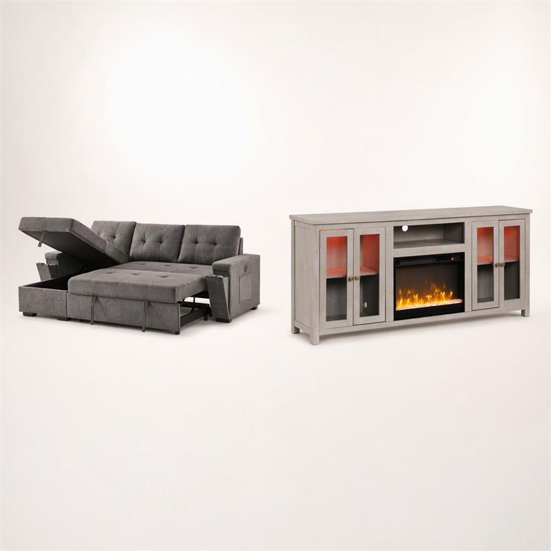 Pemberly Row 2-Piece Set of Sleeper Sectional Sofa & TV Stand with Fireplace