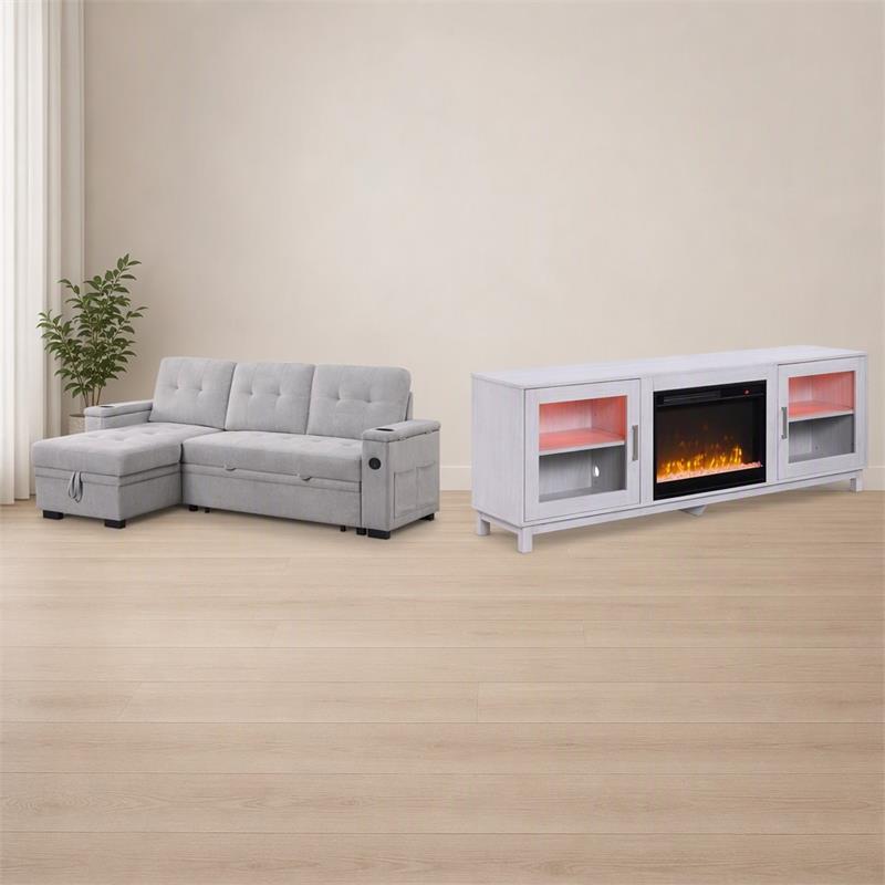 Pemberly Row 2Pc Set of Sleeper Sectional Sofa and TV Stand with Fireplace