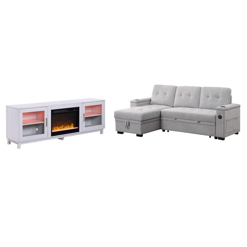 Pemberly Row 2Pc Set of Sleeper Sectional Sofa and TV Stand with Fireplace