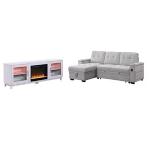 Pemberly Row 2Pc Set of Sleeper Sectional Sofa and TV Stand with Fireplace