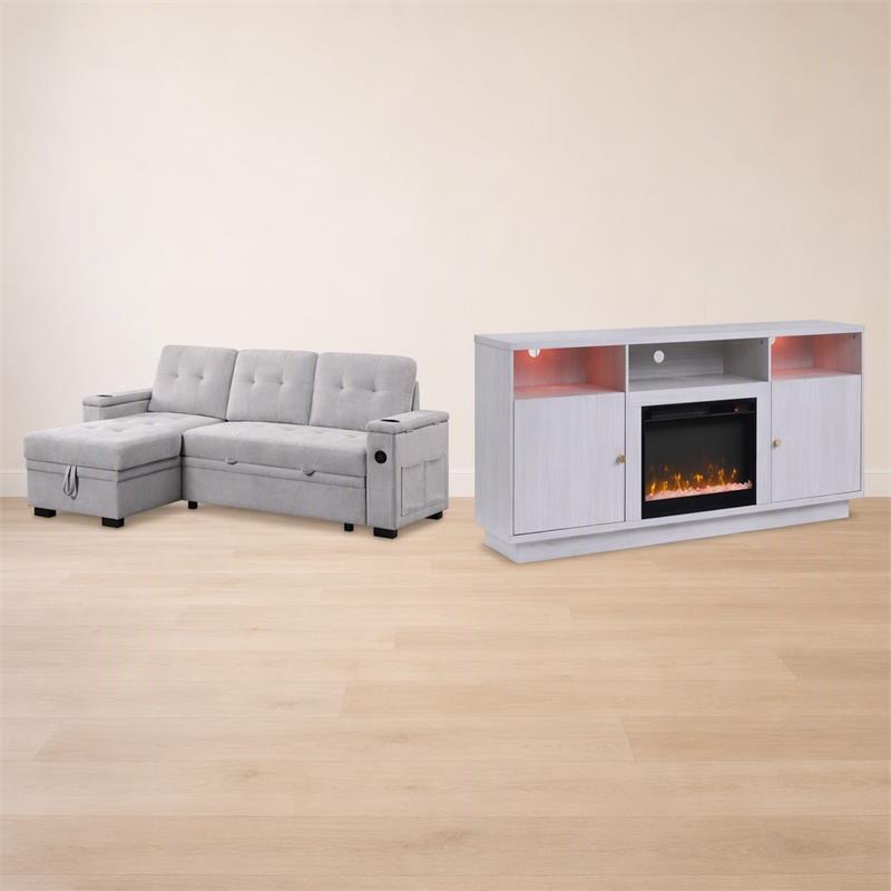 Pemberly Row 2Pc Set of Sleeper Sectional Sofa and TV Stand with Fireplace