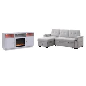 Pemberly Row 2Pc Set of Sleeper Sectional Sofa and TV Stand with Fireplace