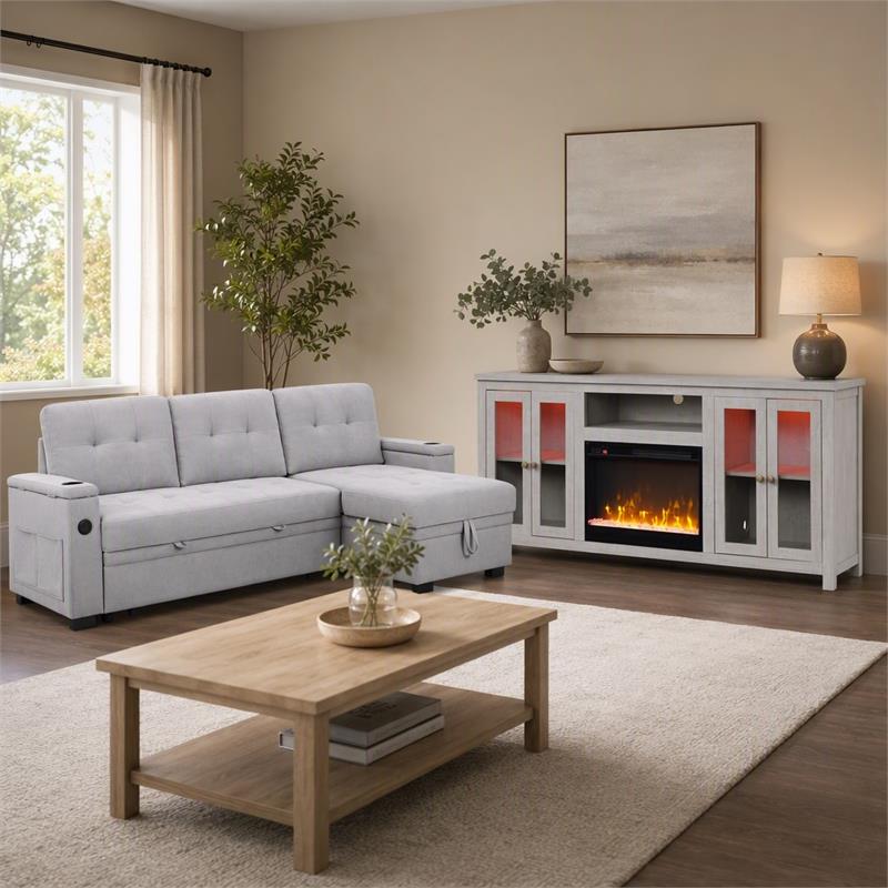 Pemberly Row 2Pc Set of Sleeper Sectional Sofa and TV Stand with Fireplace