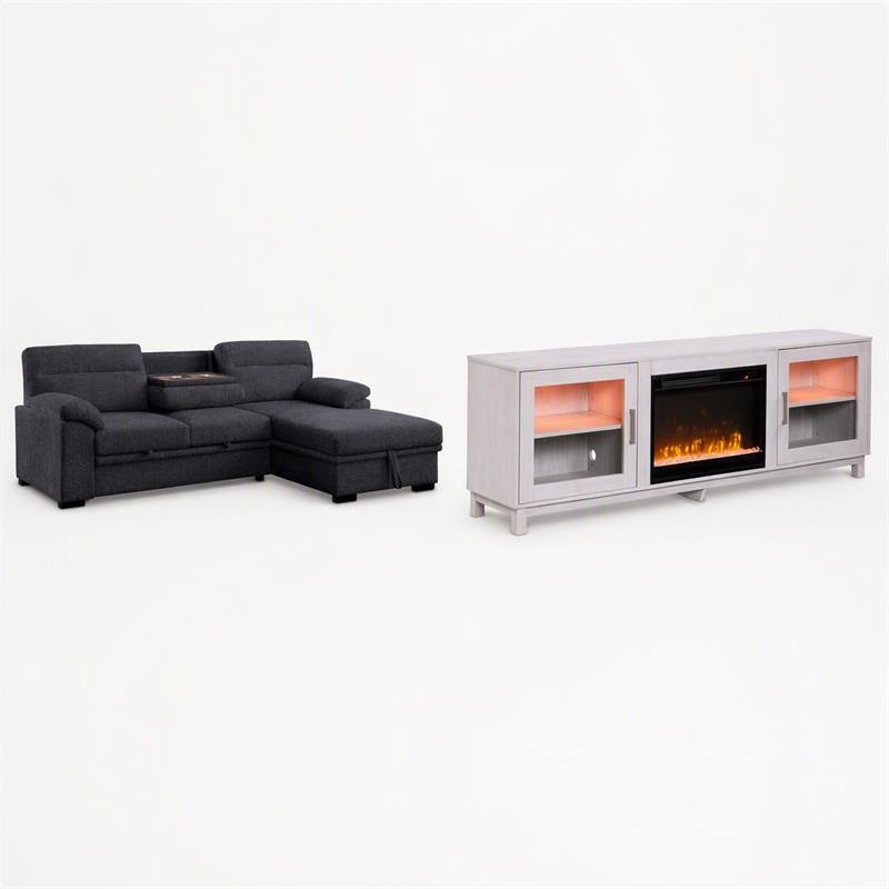 Pemberly Row Set of 2 TV Stand with Fireplace & Sleeper Sectional Sofa