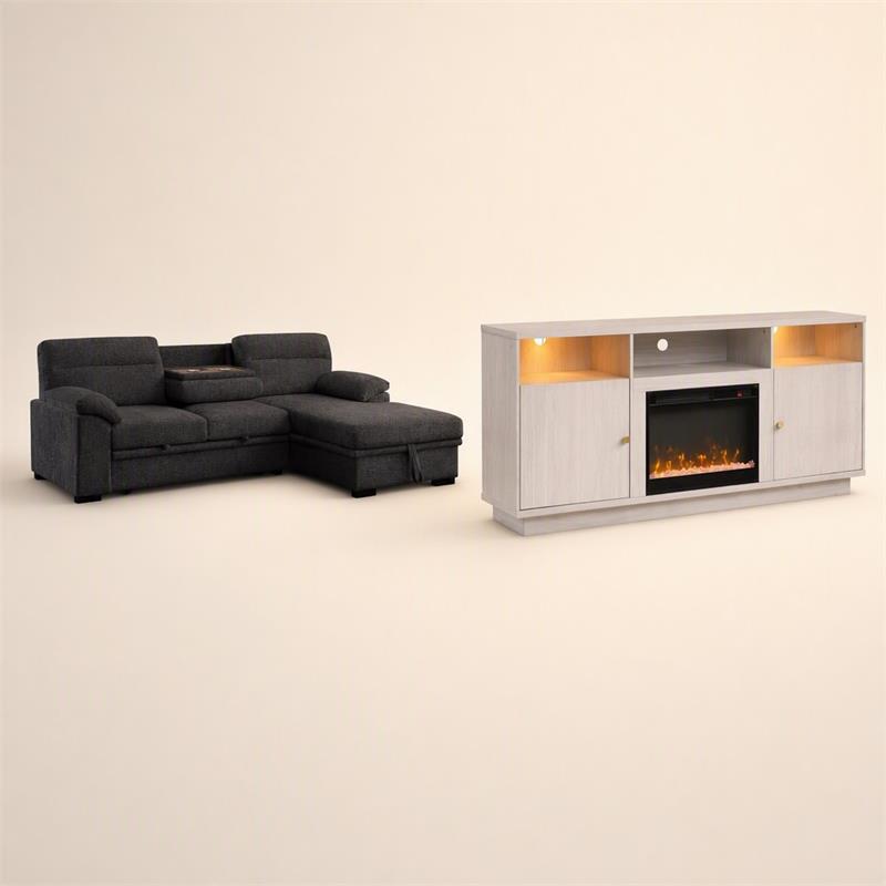 Pemberly Row Set of 2 TV Stand with Fireplace & Sleeper Sectional Sofa