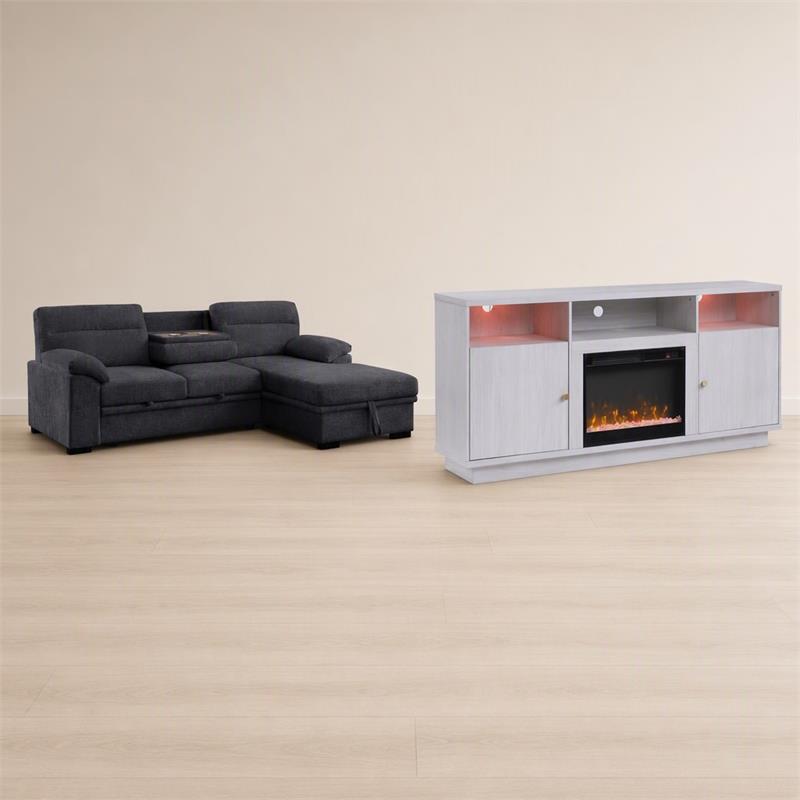 Pemberly Row Set of 2 TV Stand with Fireplace & Sleeper Sectional Sofa