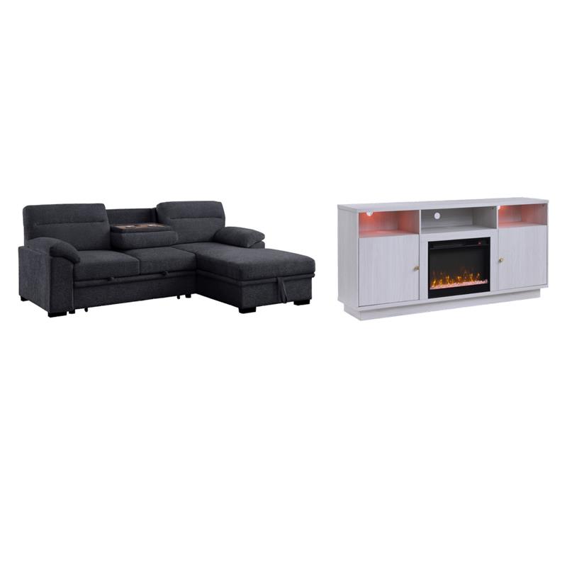 Pemberly Row Set of 2 TV Stand with Fireplace & Sleeper Sectional Sofa