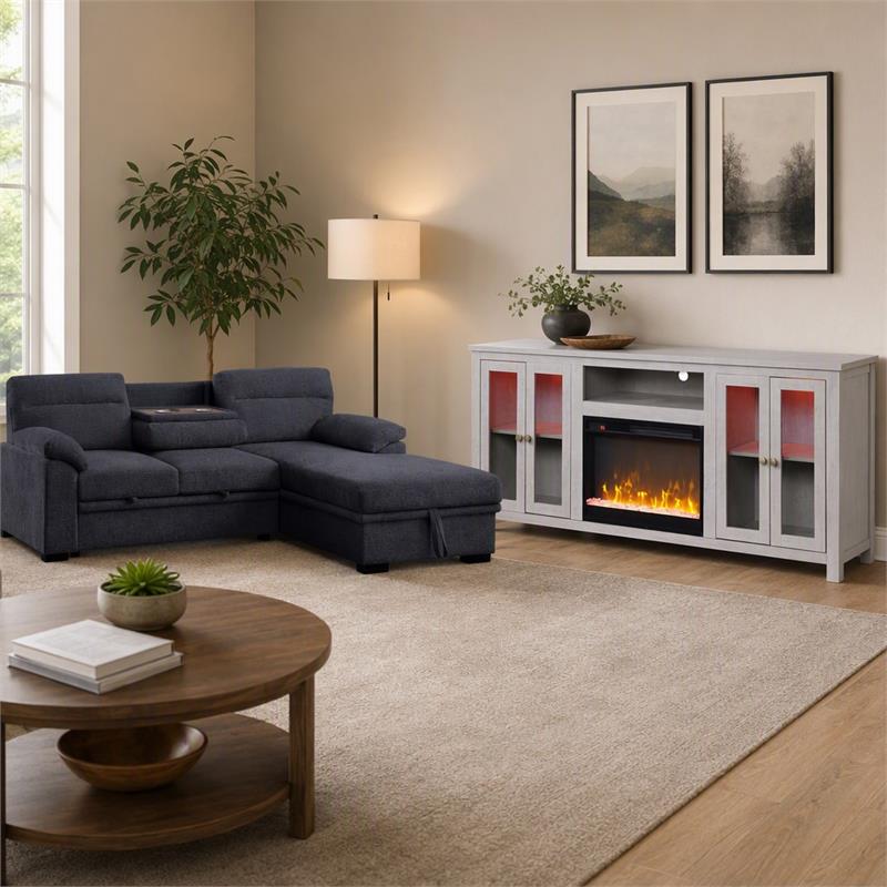 Pemberly Row Living Room Set of 2 Fireplace TV Stand & Sleeper Sectional Sofa
