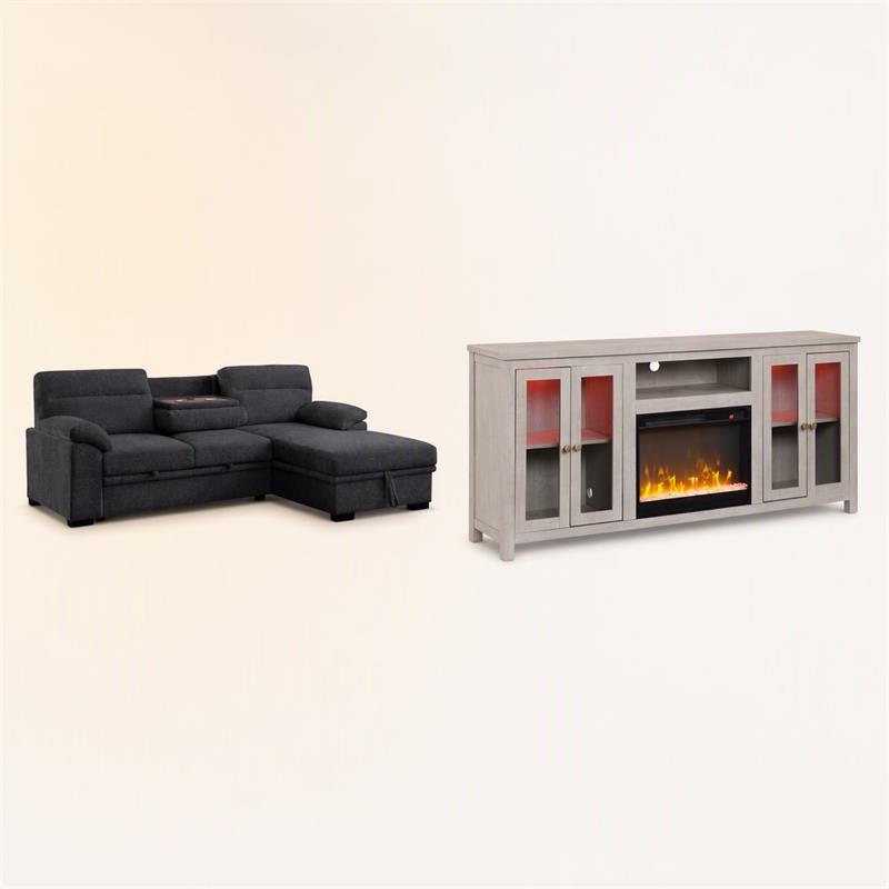 Pemberly Row Living Room Set of 2 Fireplace TV Stand & Sleeper Sectional Sofa