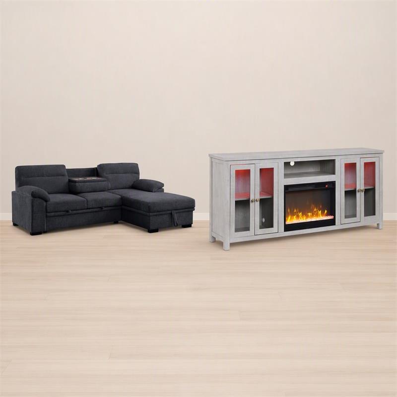 Pemberly Row Living Room Set of 2 Fireplace TV Stand & Sleeper Sectional Sofa