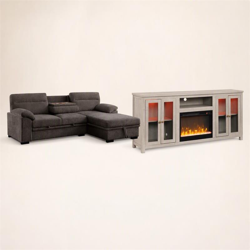 Pemberly Row Living Room Set of 2 Fireplace TV Stand & Sleeper Sectional Sofa