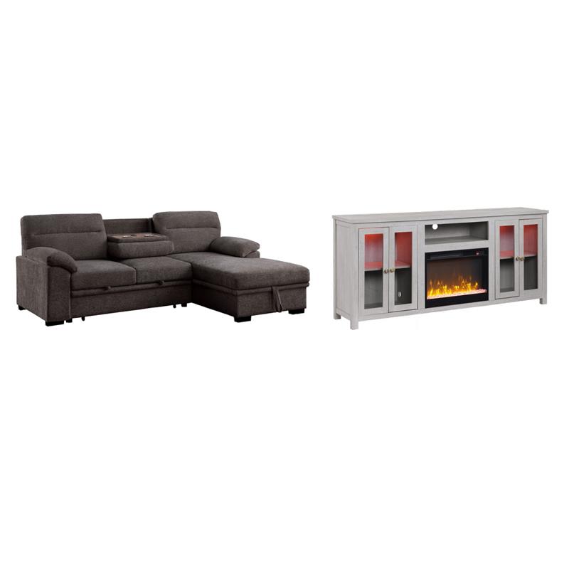 Pemberly Row Living Room Set of 2 Fireplace TV Stand & Sleeper Sectional Sofa
