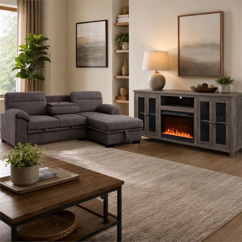Pemberly Row Living Room Set of 2 Fireplace TV Stand & Sleeper Sectional Sofa