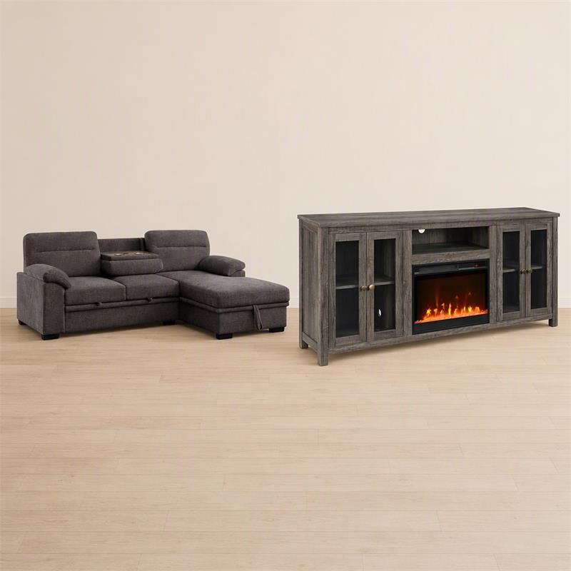 Pemberly Row Living Room Set of 2 Fireplace TV Stand & Sleeper Sectional Sofa