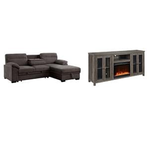Pemberly Row Living Room Set of 2 Fireplace TV Stand & Sleeper Sectional Sofa