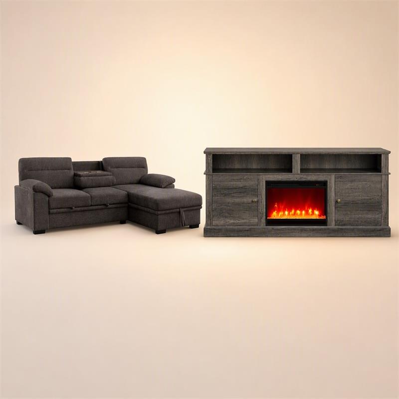 Pemberly Row Living Room Set of 2 Fireplace TV Stand & Sleeper Sectional Sofa